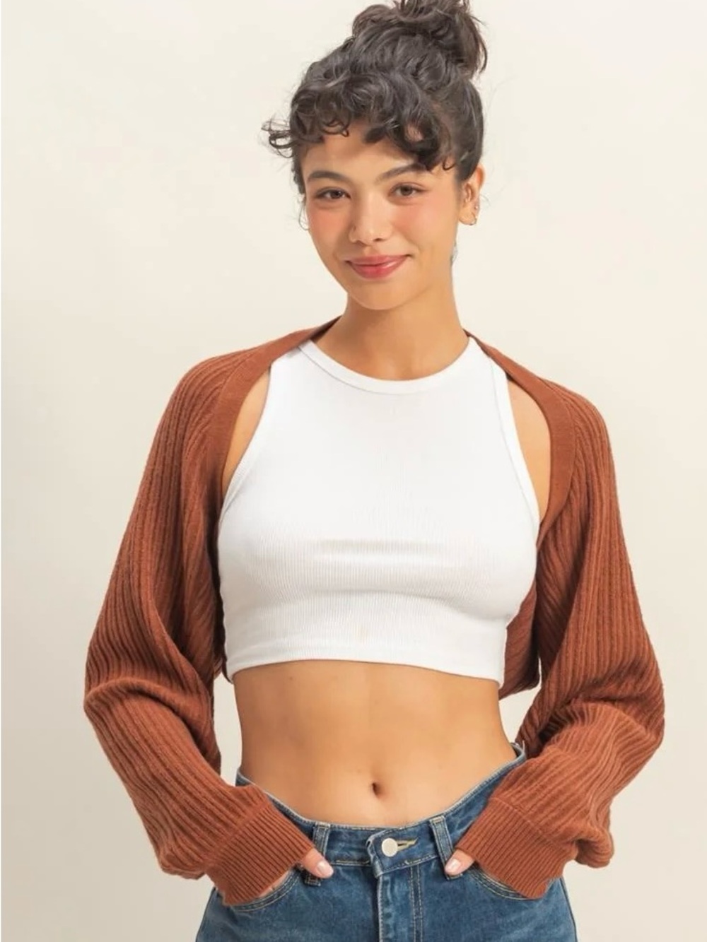 NEW Double Zero Chestnut Brown Ribbed Knit Cropped Bolero Cardigan Size Medium
